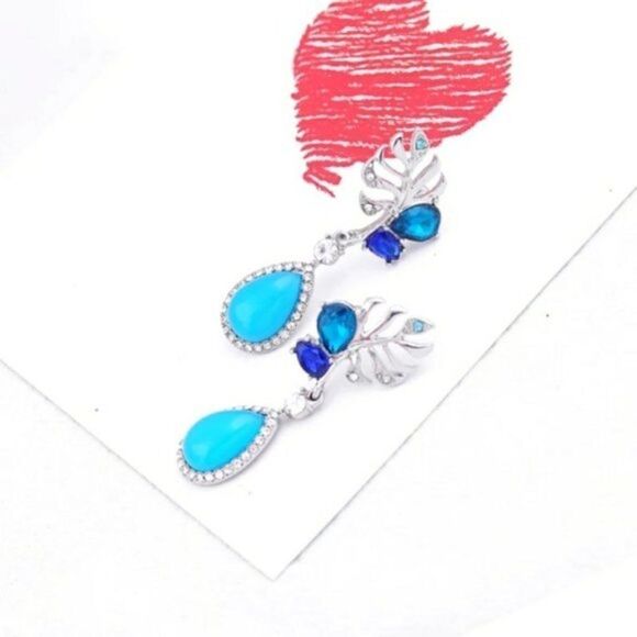 Blue Crystal Rhinestone Flower Vintage Silver Drop Dangle Statement Earrings - Picture 4 of 7